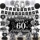 60th Wedding Anniversary Decorations Black Silver Happy 60th Anniversary Banner Backdrop Honeycomb Centerpiece Hanging Swirls Poms for Men Women 60 Years Diamond Wedding Anniversaries Party Supplies