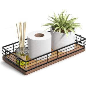 Acacia Toilet Paper Basket, 13 Inch Tank Tray Top of Toiletries Storage Organizer for Bathroom, Living Room and Kitchen (Acacia & Black)