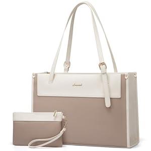 LOVEVOOK Laptop Tote Bag for Women 15.6 Inch Stylish Leather Work Tote Bag Purse Large Capacity And Waterproof Computer Briefcase for Business Office Travel, Khaki Beige