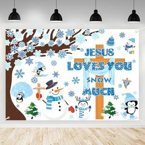 AIBIIN 7x5ft Winter Jesus Backdrop Winter Bulletin Board Decorations Banner Snowman Jesus Loves You Snow Much Photography Background Church Christmas January Party Banner Props