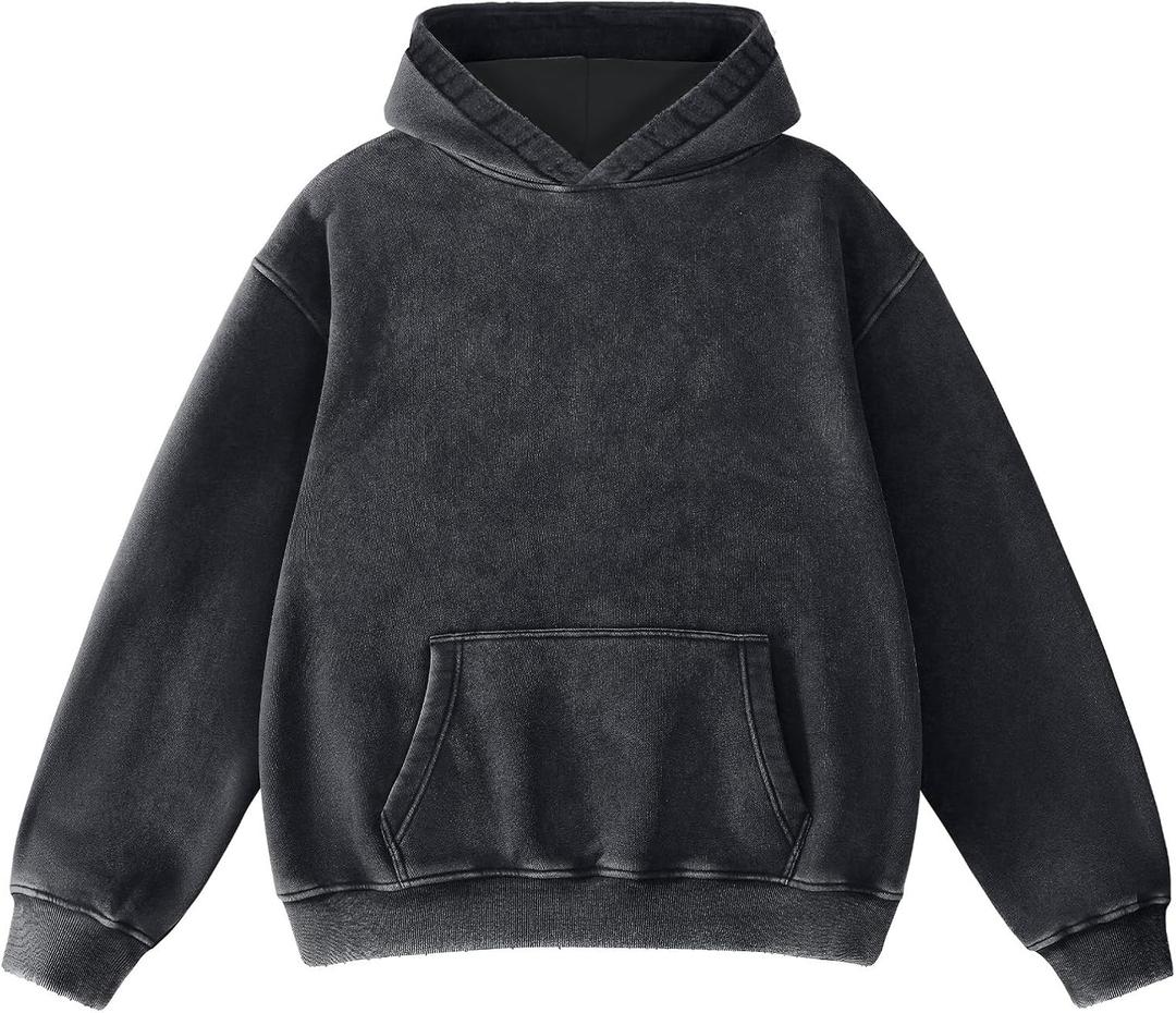 FAIABLE Mens Hoodies Oversized Unisex Acid Wash Hoodie Heavyweight Fleece Vintage Cotton Sweatshirt Men Women Streetwear (Large, Black)