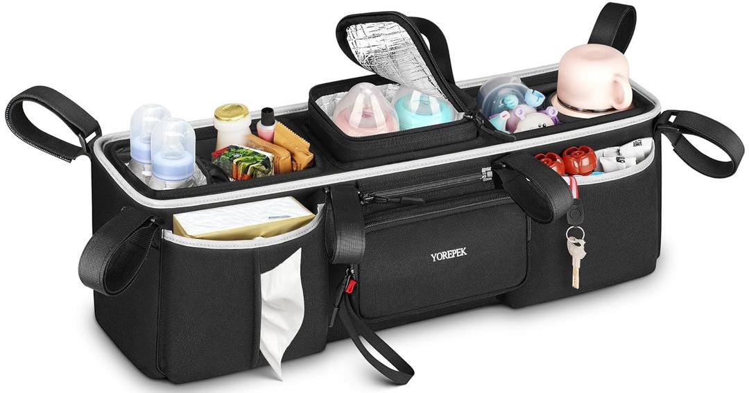 YOREPEK Heavy Duty Double Stroller Organizer for Bob Duallie, Baby Jogger City Mini GT2 and Jeep,Stroller Caddy with Detachable Cooler Bag and Handbag,Stroller Storage Attachment for Baby Accessories (Black)