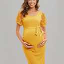 ZIUMUDY Floral Mesh Bishop Short Sleeve Maternity Bodycon Dress Maternity Photoshoot Baby Shower Dress (Yellow, M)