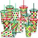 Nuogo 12 Pcs Christmas Reusable Coffee Cups with Lids and Straws 24 oz Red Green Polka Dot Striped Plastic Cups Xmas Party Supplies Coffee Tumblers Mugs Gifts for Hot Cold Drinks, 12 Styles
