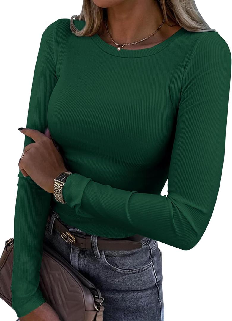 Roselux Womens Long Sleeve Stretch Crewneck Ribbed T-Shirt Fitted Casual Basic Tops (Large, Dark Green)