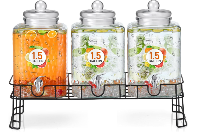 Honeydak 1.5 Gallon Glass Beverage Dispenser with Stand Stainless Steel Spigot Glass Lid Clear Iced Juice Container Leakproof Drink Dispenser Countertop Lemonade Water Jar for Wedding Party (3 Pack)
