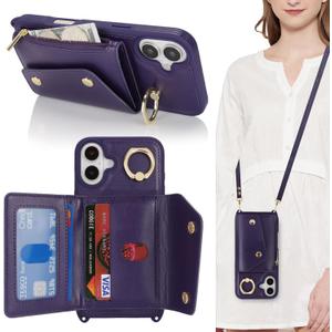 for iPhone 17 Case with Card Holder and Strap - Zipper Pocket,Crossbody Lanyard Strap,Credit Card Holder,Stand Ring,Cute Phone Wallet Case for Women(Dark Purple,6.3 Inch)