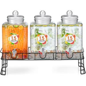 Honeydak 1.5 Gallon Glass Beverage Dispenser with Stand Stainless Steel Spigot Glass Lid Clear Iced Juice Container Leakproof Drink Dispenser Countertop Lemonade Water Jar for Wedding Party (3 Pack)