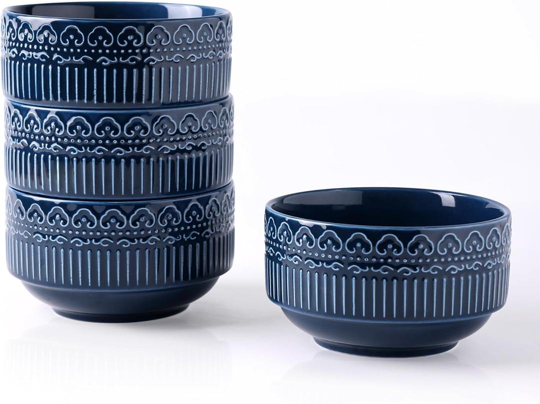 AmorArc Ceramic Small Bowls Set of 4, 16oz Stackable Bowls Set for Icecream Soup Snacks, Dishwasher&Microwace Safe Stylish Bowls with Embossed Patterns, Navy Blue