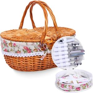 Wicker Picnic Basket with Handle, 15" Large Picnic Basket with Lid & Removable Liner, Vintage Hand Woven Basket with Cutlery Set for Picnics, Camping, Thanksgiving, and Birthday (4-person cutlery bag, Flower)