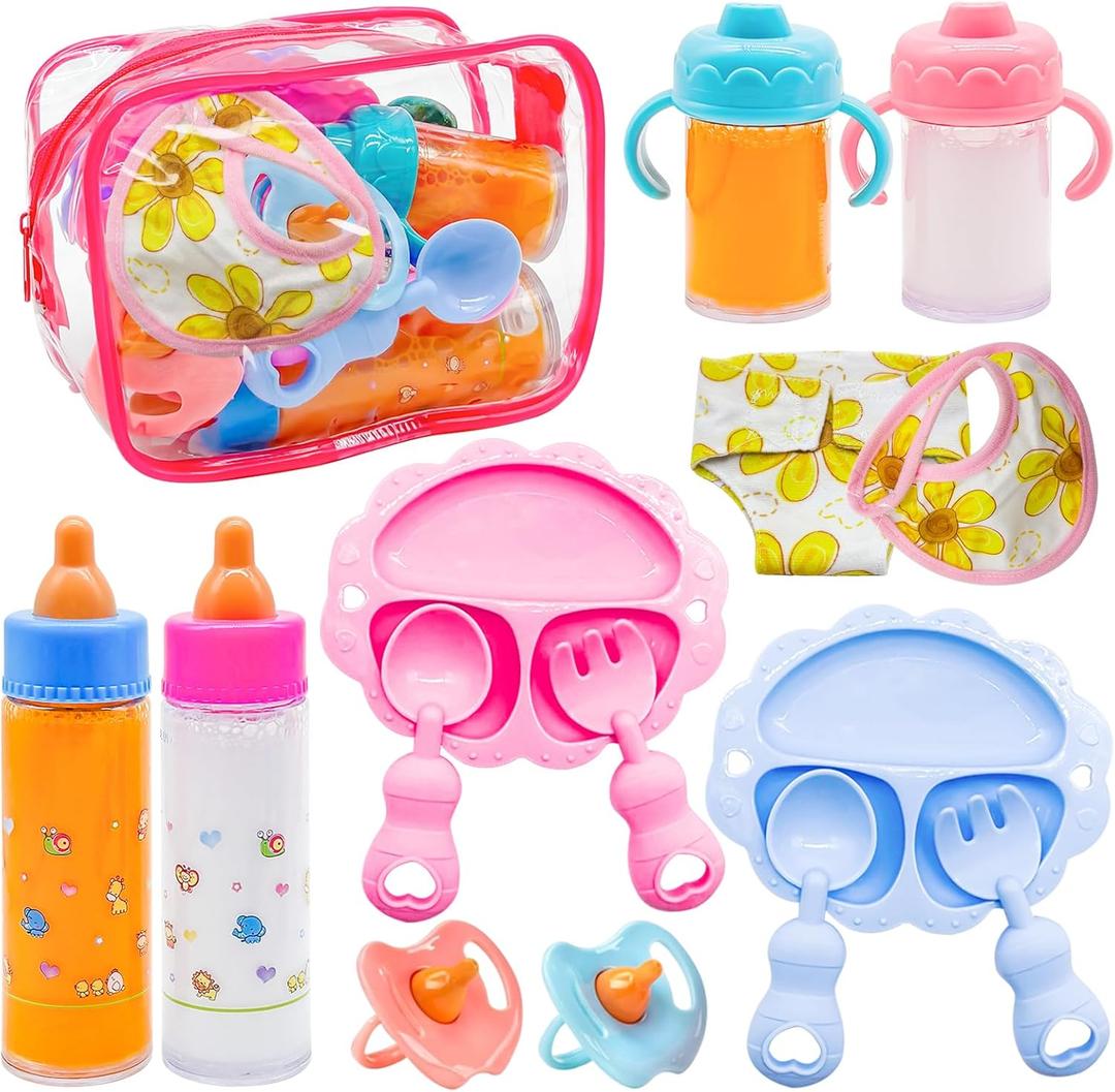 Jgalnim 15 PCS Baby Doll Accessories Magic Bottle Set,Pretend Play Feeding Toys,Doll Feeding Set with Package for Kids,Girls,Party,Gift
