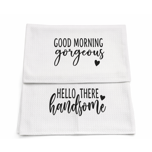 Good Morning Gorgeous Hello There Handsome Bath Towel, Couples Gifts Set of 2 Decorative Towels,Gifts for Husband Wife Newlyweds