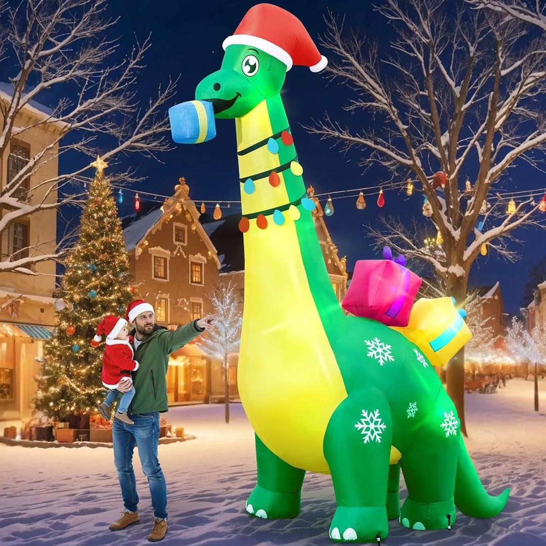 13 FT Giant Inflatable Dinosaur Outdoor Decoration, Blow Up Yard Dinosaur with Santa Hat Gift Box, Build-in LEDs Xmas Holiday Decorations for Outdoor Party Garden Lawn Decoration