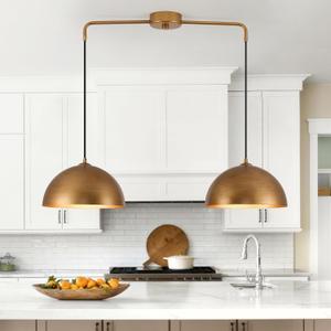 2-Light Pendant Lights Kitchen Island, Gold Metal Dome Shade Pendant Light, Kitchen Pendant Lighting Over Island, Adjustable Height Hanging Light Fixture for Farmhouse Dining Room Kitchen Cafe