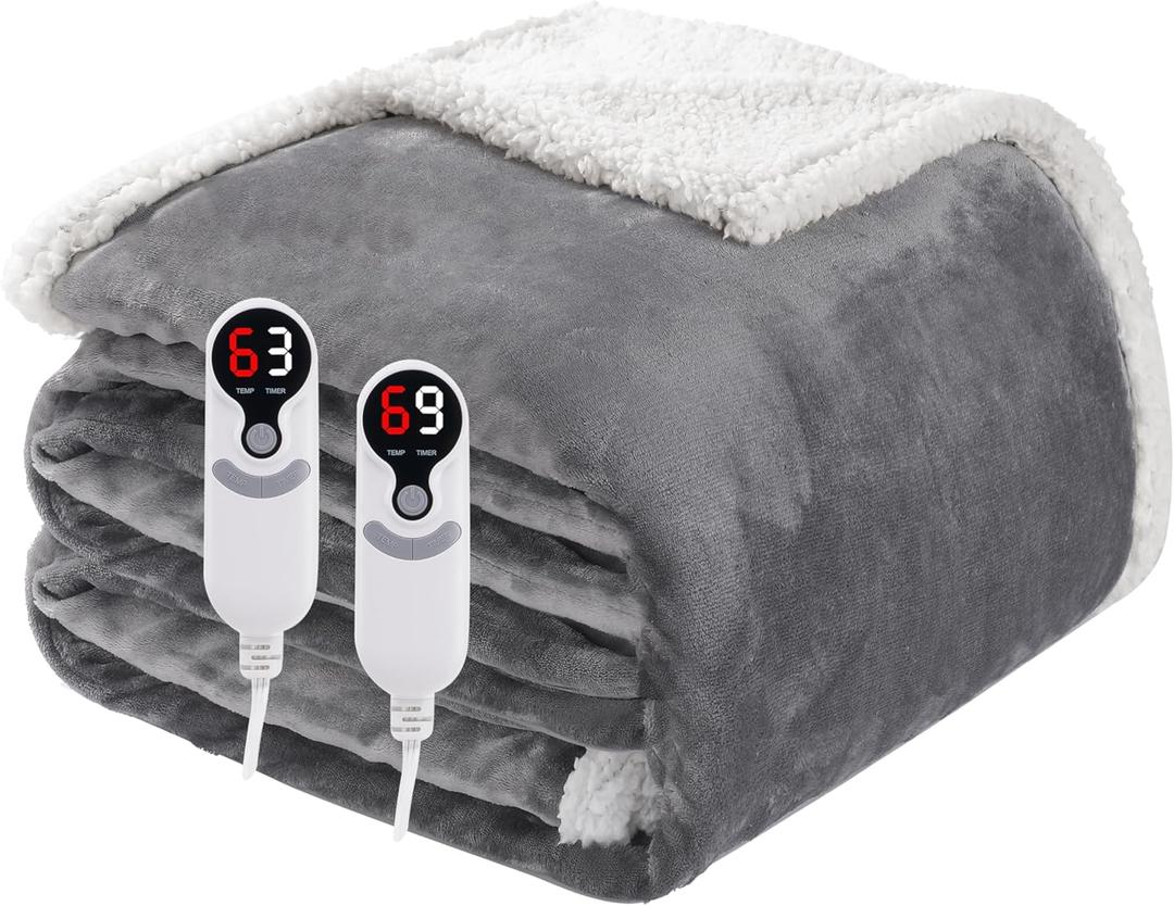 Electric Heated Blanket Queen Size 84"x90", Soft Flannel with Dual Controllers & Overheat Protection, 9 Adjustable Heat Settings & 10-Hour Auto-Off Timer, Fast Heating for Winter Comfort, Light Gray