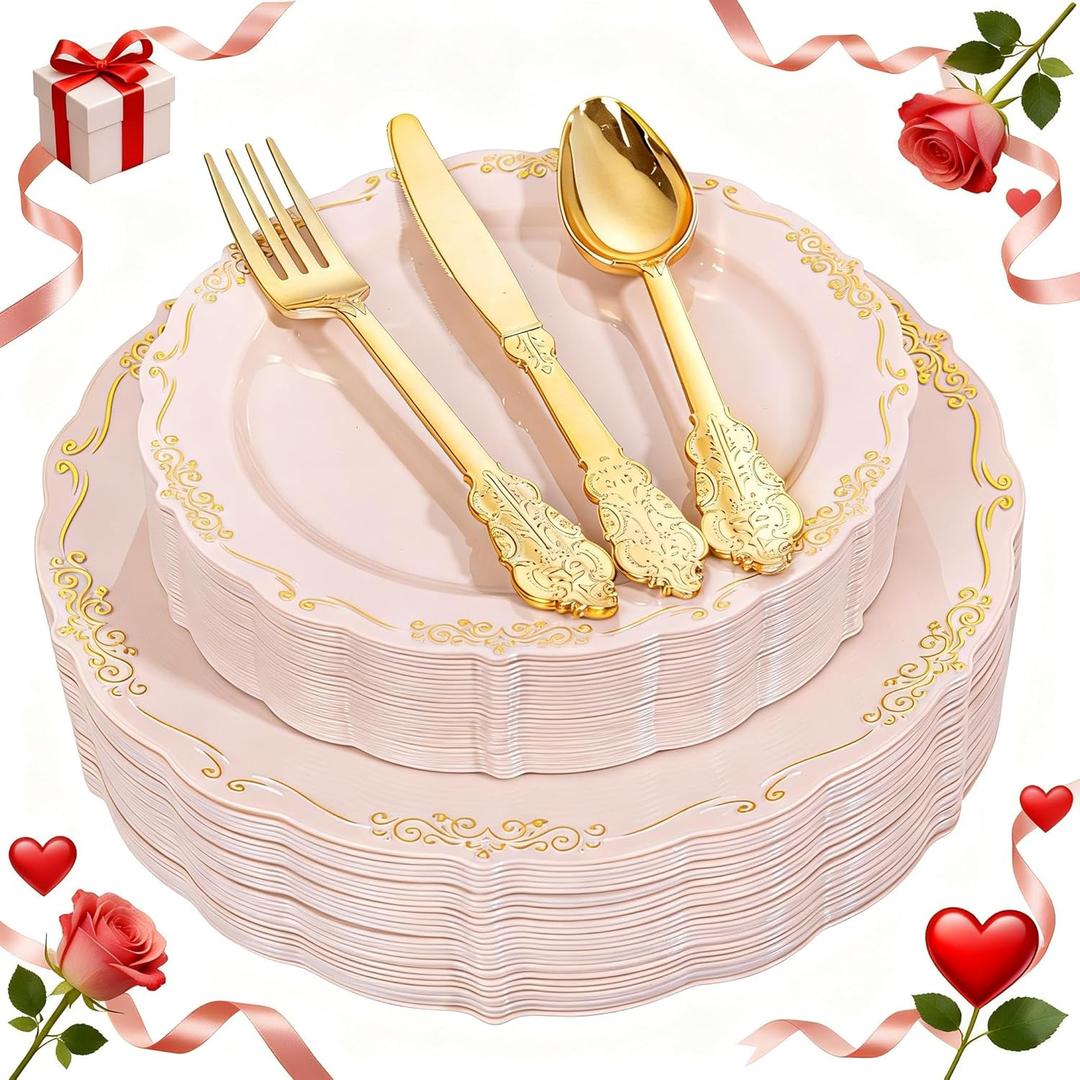 DaYammi 150Pcs Pink Plastic Plates with Gold Rimmed & Gold Silverware,Pink Disposable Plates for Party Include 30 Dinner Plate,30 Dessert Plate,30 Knives,30 Forks,30 Spoons for Mother's Day Party