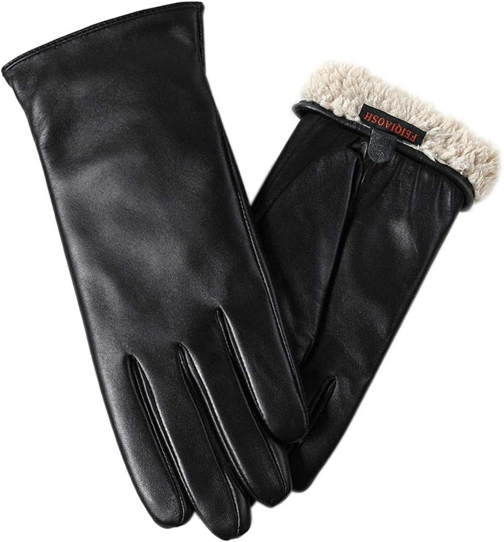 Winter Leather Gloves for Women, Premium Sheepskin Warm Gloves for Cold Weather, Fleece Lining Touch Screen Glove (Small)
