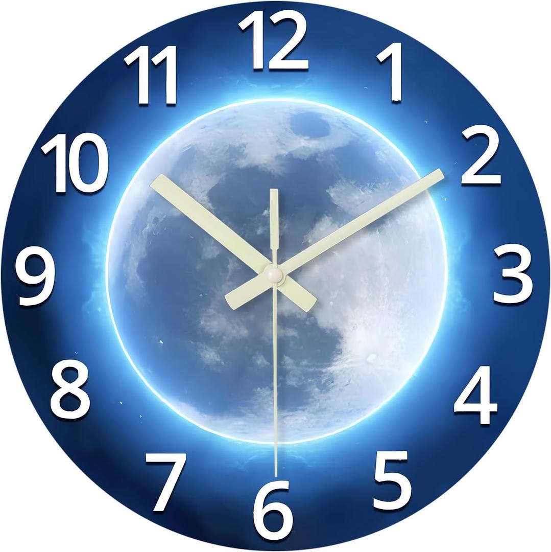 Analog Glow in The Dark Wall Clock Battery Operated 12 Inch Blue Light Up Clock for Wall Silent Wall Clock for Kids Bedroom
