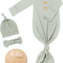 Soft Baby Knot Gown 0-3 Months, Newborn Announcement Sleepers With Mitten Cuffs and Personalized Wooden Name Tag (Pale Teal Green) Newborn