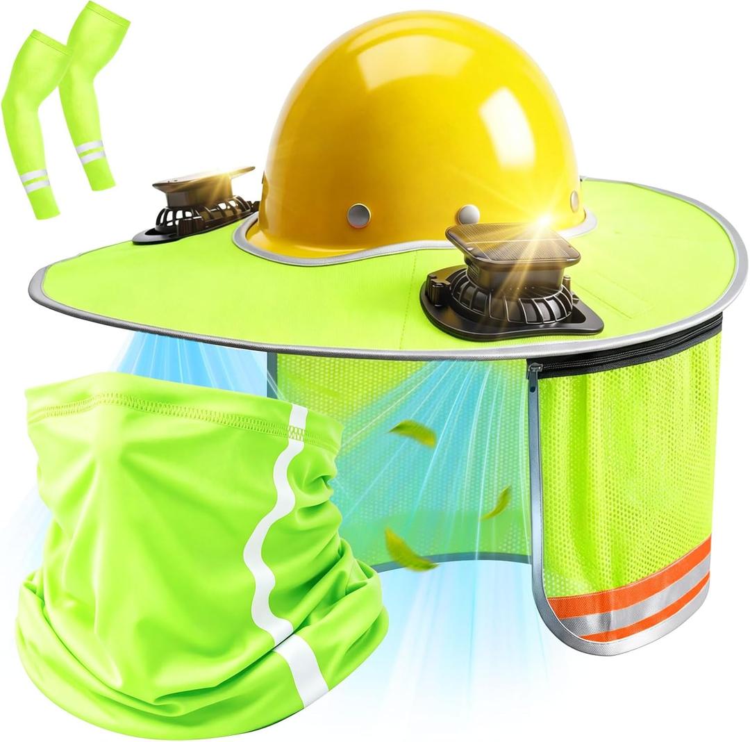 Hard Hat Sun Shade with Dual Solar Fans, Neck Cover & Arm Sleeves | Hard Hat Visor Sunshade Full Brim Set, Summer Protection Accessories for Construction, Gardening & Outdoor Work