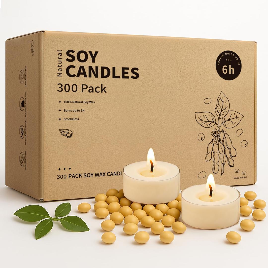 Crenovo Tea Lights Candles 300 Pack, Natural Soy Wax Tealights Candles Bulk 6 Hours, Long Burning, Unscented Small Votive Cup Candles for Wedding, Party, Dinner, Emergency