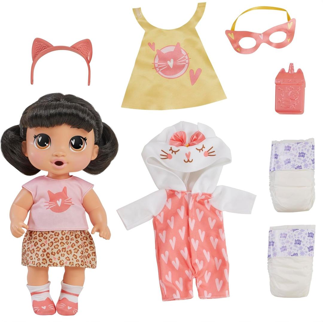 Baby Alive Super BFF Katie Kat Black Hair Dress Up Baby Doll Playset, 11 Inches, Toys for 3 Year Old Girls & Boys & Up 