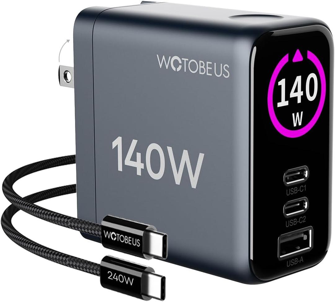 WOTOBEUS GaN Dual 140W USB C PD 3.1 Wall Charger with LED Display - PPS 100W 65W 45W 25W Type-C Laptop Power Adapter and Cable - Fit for MacBook Pro iPhone 17 16 15 iPad Galaxy S25 S24 Pixel - ETL