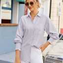 siliteelon Lavender Striped Button Down Shirts for Women Long Sleeve Blouses Collared Smocked Cuff Boyfriend Plus Size Business Casual Tops Pocket (White, S)