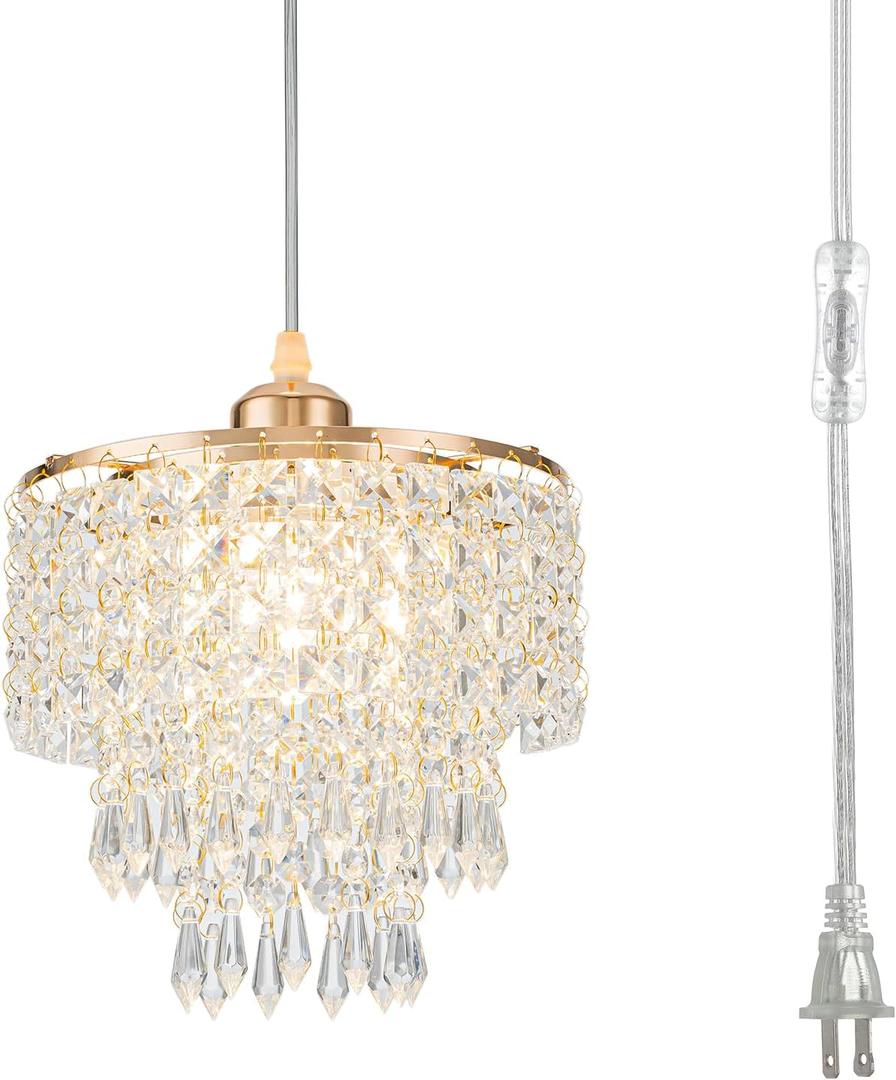 8" Plug in Pendant Light Corded Hanging Lights with Plug in Cord Hanging Lamp Plug-in with 16.4 Ft Cord Mini Chandelier for Bedroom Kitchen Island Hallway Bathroom Closet (Gold)