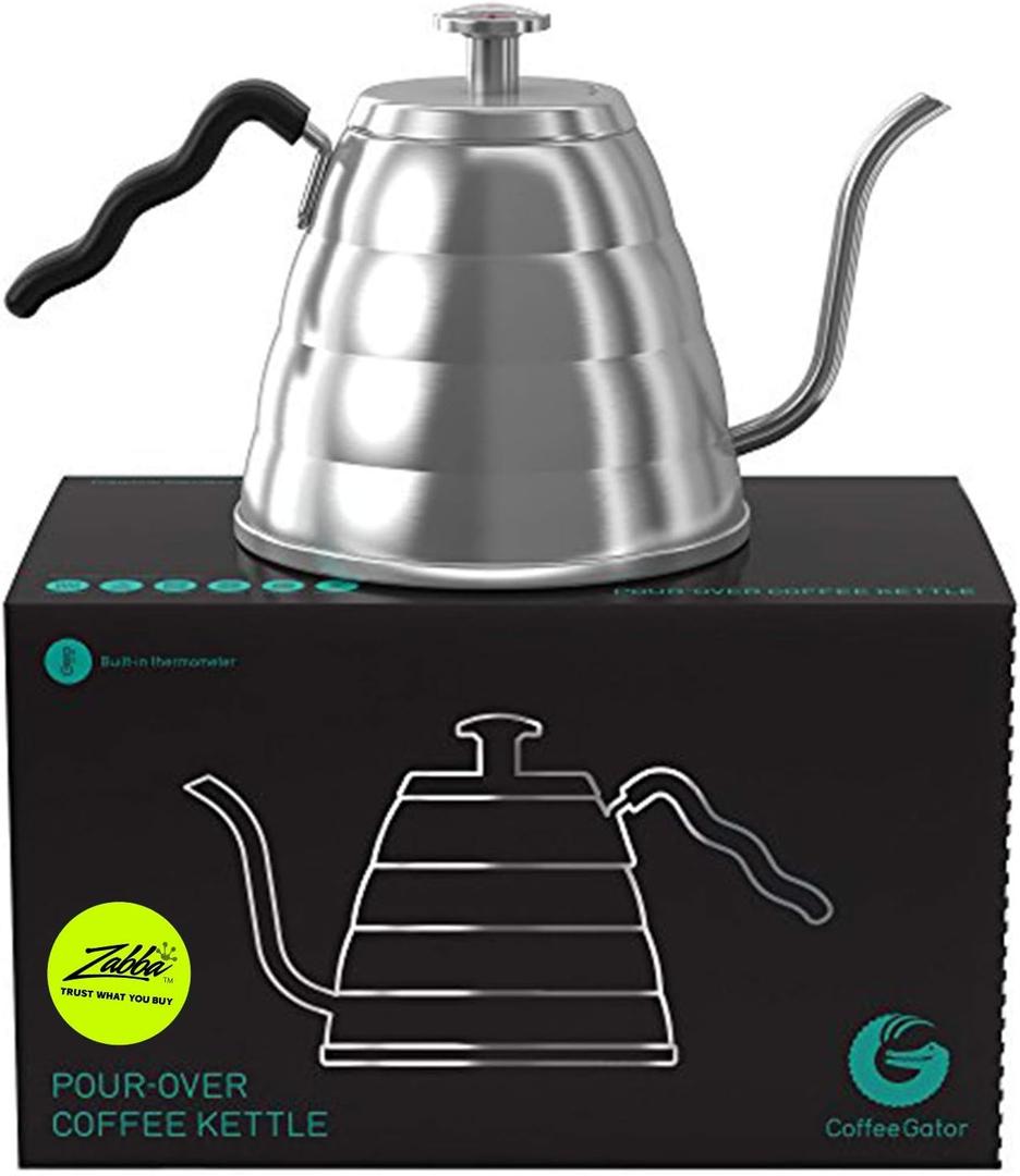 Coffee Gator Gooseneck Kettle with Thermometer - 34oz Premium Stainless Steel Pour Over Coffee Maker Kettle, Stove Top, w/Precision Drip Spout, for Drip Coffee, French Press, Tea Kettle, 4 Cup, 1L (35 fl oz)