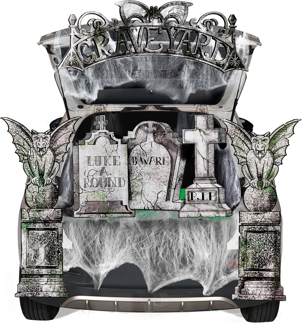 JOYIN Halloween Tombstone Trunk or Treat Car Garage Decoration Outdoor with Gargoyles, Arch Monument, Spider Web and Non-Woven Fabric for Entryway Archway Haunted House Decor