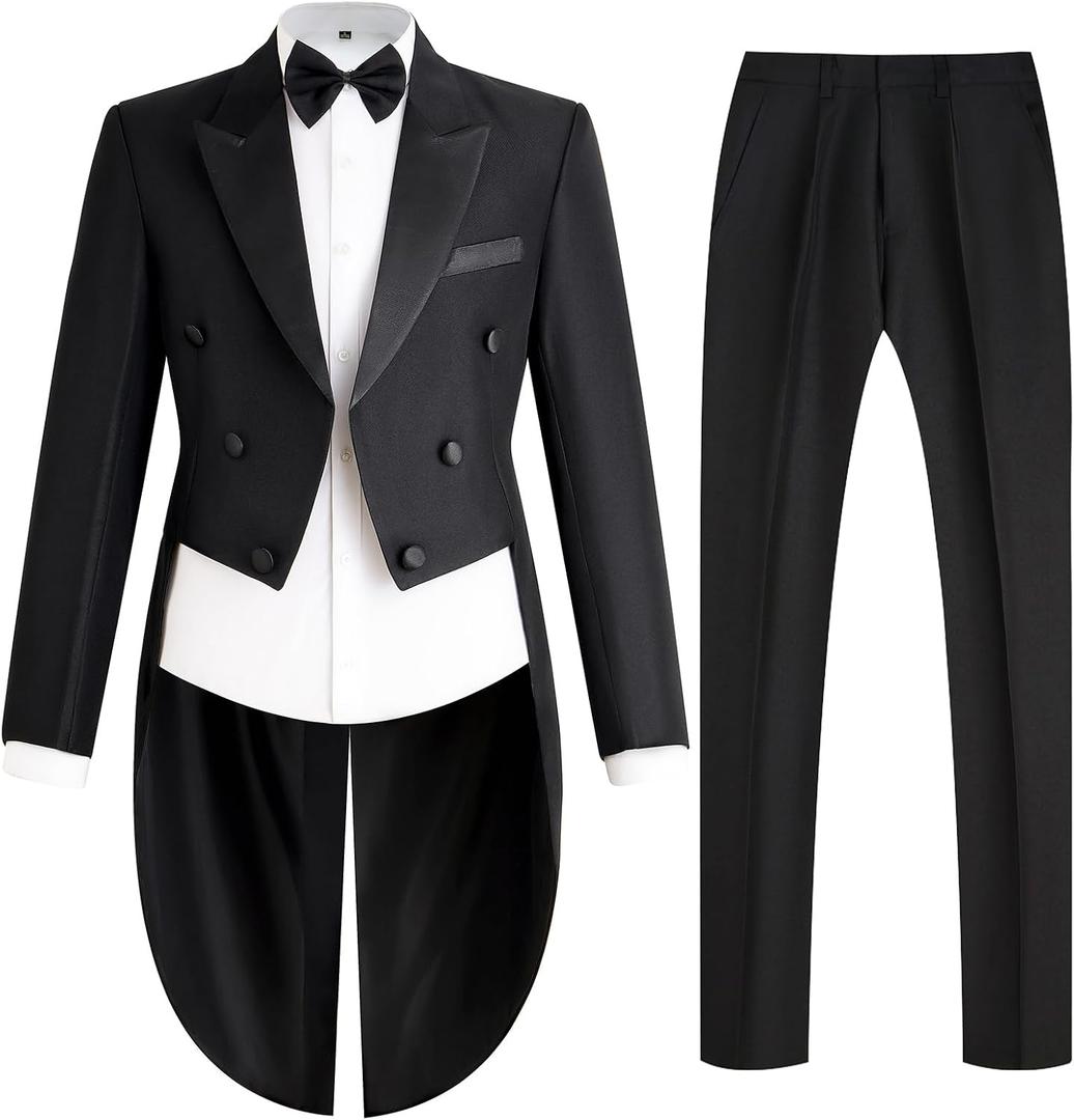 Mens Tailcoat Suit Jacket Tuxedo Double Breast Swallow Tail Coat Pants Bow Tie (Black, L)