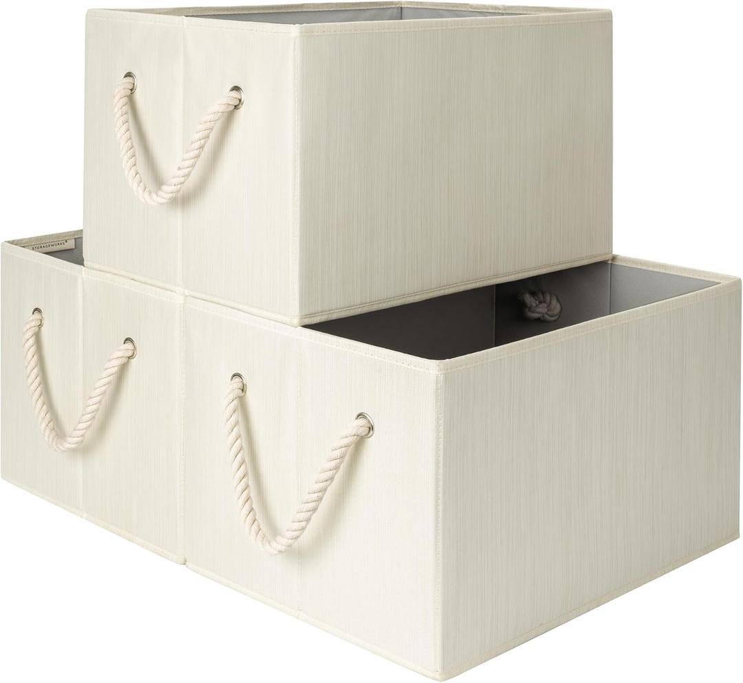 StorageWorks Collapsible Storage Bins, Closet Organizer Bins for Clothes, Fabric Shelf Baskets and Storage, Beige, White & Ivory, 3-Pack, Extra Large