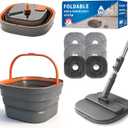 Collapsible Mop and Bucket Set, Spin Mop with Separate Dirty and Clean Water, 6 Replaceable Mopping Pads with Foldable Handle, Deep Cleaning Mops and Buckets for Household Use Floor Cleaning