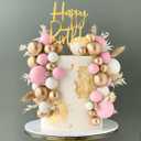 Pink Balls Cake Topper Boho Grass Cake Topper Pink White Gold Pearl Balls Happy Birthday Cake Decorations for Wedding Birthday Boho Themed Supplies (Pink)