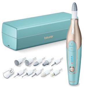 Beurer MP84 Professional Manicure & Pedicure Nail Drill Kit, 14-Piece Cordless Electric Nail File with 10 Attachments, LED Light, Adjustable Speed, Charging Storage Case (Turquoise)