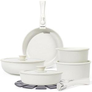 15Pcs Pots and Pans Set Non Stick, Cookware Sets with Detachable Handle, Nonstick RV Kitchen Cooking Tools Removable Handles, Oven Safe, Induction Fast, Stackable Induction Cookware, White