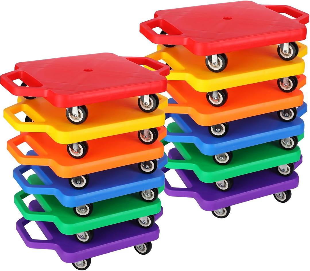 Deekin 12 Pcs Scooter Boards with Handles Bulk Plastic Floor Sitting Scooter for Kids Children Gym Indoor Outdoor Activities Play and Daycare Supplies (Colorful)