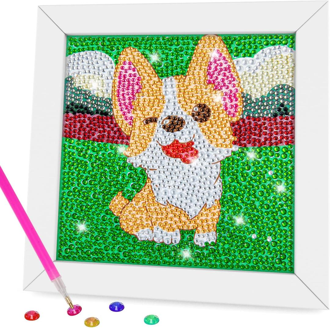 QEUOYSS Diamond Art Kit for Kids with Wooden Frame Art and Crafts for Kids Ages 6-8 -10-12 Easy to DIY Diamond Art for Kid and Adult Beginners Home Wall Decoration (Dog)