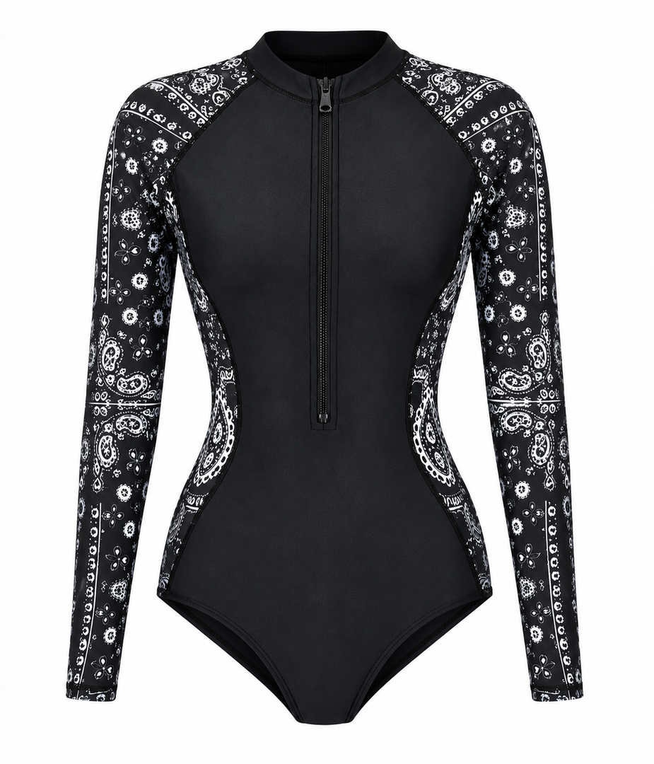 DMSWST Women's Long Sleeve Swimsuit: One Piece Rash Guard UV Protection Bathing Suit Printed Surfing, Large