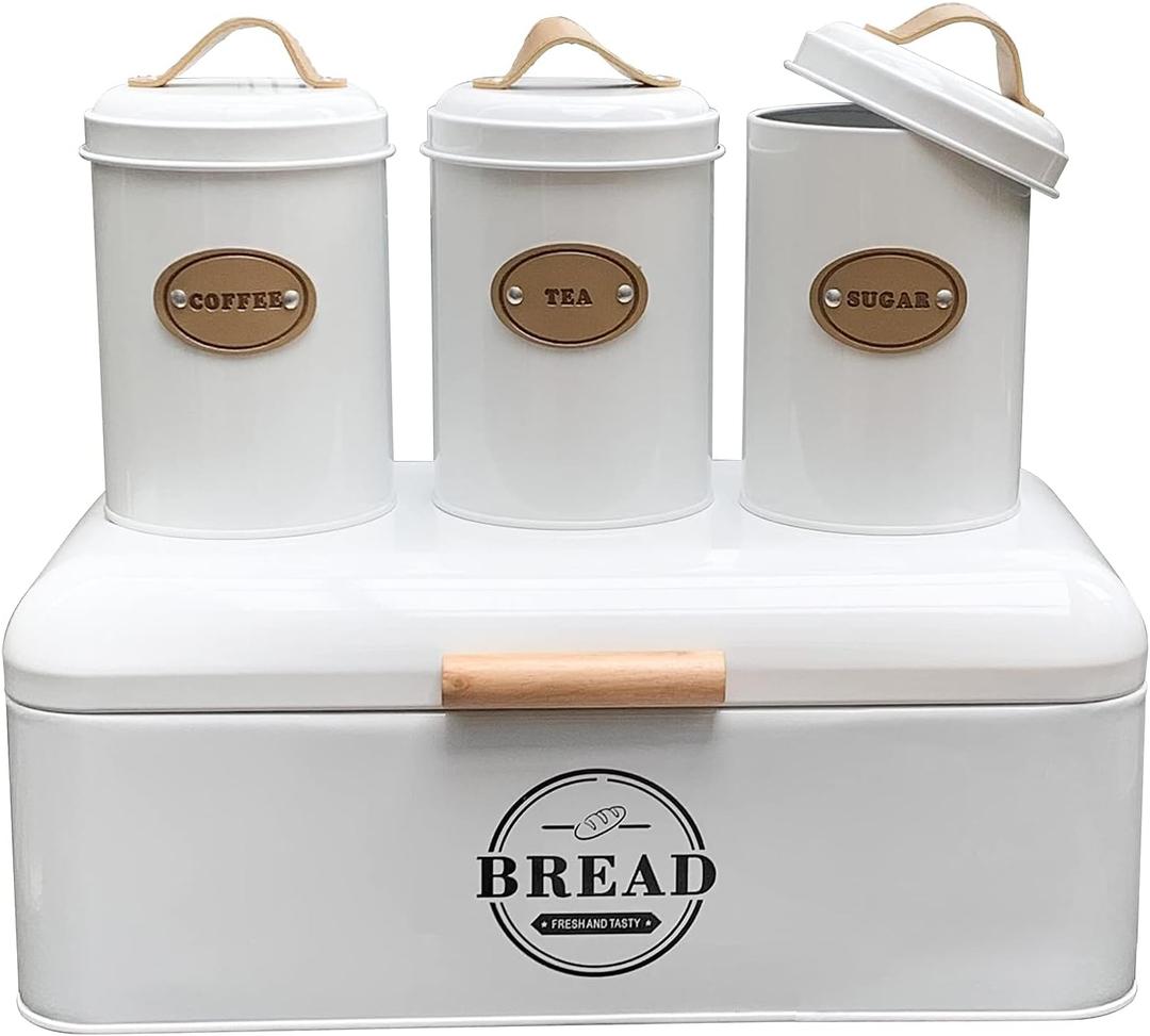 SOTECH Large Bread Box and 3 Pieces with Sugar Tea Coffee Containers Set,Vintage Metal Bread Boxes for Kitchen Counter Extra Large,Farmhouse Kitchen Decor(White Bread Box)