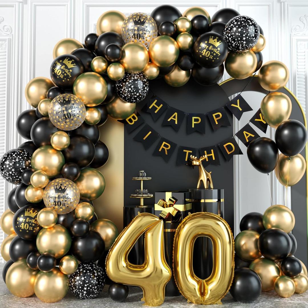 40th Birthday Decorations for Men Black and Gold Balloons Garland Arch Kit with Number 40 Foil Confetti Balloons Happy Birthday Bunting Banner Black Gold Party Decor for 40 Years Old Women Anniversary