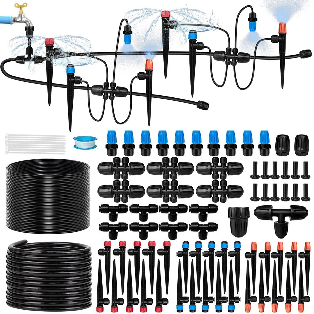 230FT Drip Irrigation System for Garden with 40 Nozzles & Emitters, Garden Watering System with 1/2" & 1/4" Tube and Barbed Fittings - Adjustable Sprinklers Kit for Greenhouse, Lawn, Raised Bed (Black)