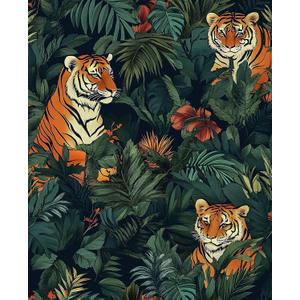 Tropical Tiger Peel and Stick Wallpaper, Removable Jungle Animal Design in Vintage Forest Pattern, Self-Adhesive Vinyl for Bathroom Bedroom Cabinet Shelf, Green Orange Wall Decor 17.5" x 118" Tropical Tiger Peel and Stick Wallpaper, Removable Jungle Animal Design in Vintage Forest Pattern, Self-Adhesive Vinyl for Bathroom Bedroom Cabinet Shelf, Green Orange Wall Decor 17.5" x 118"