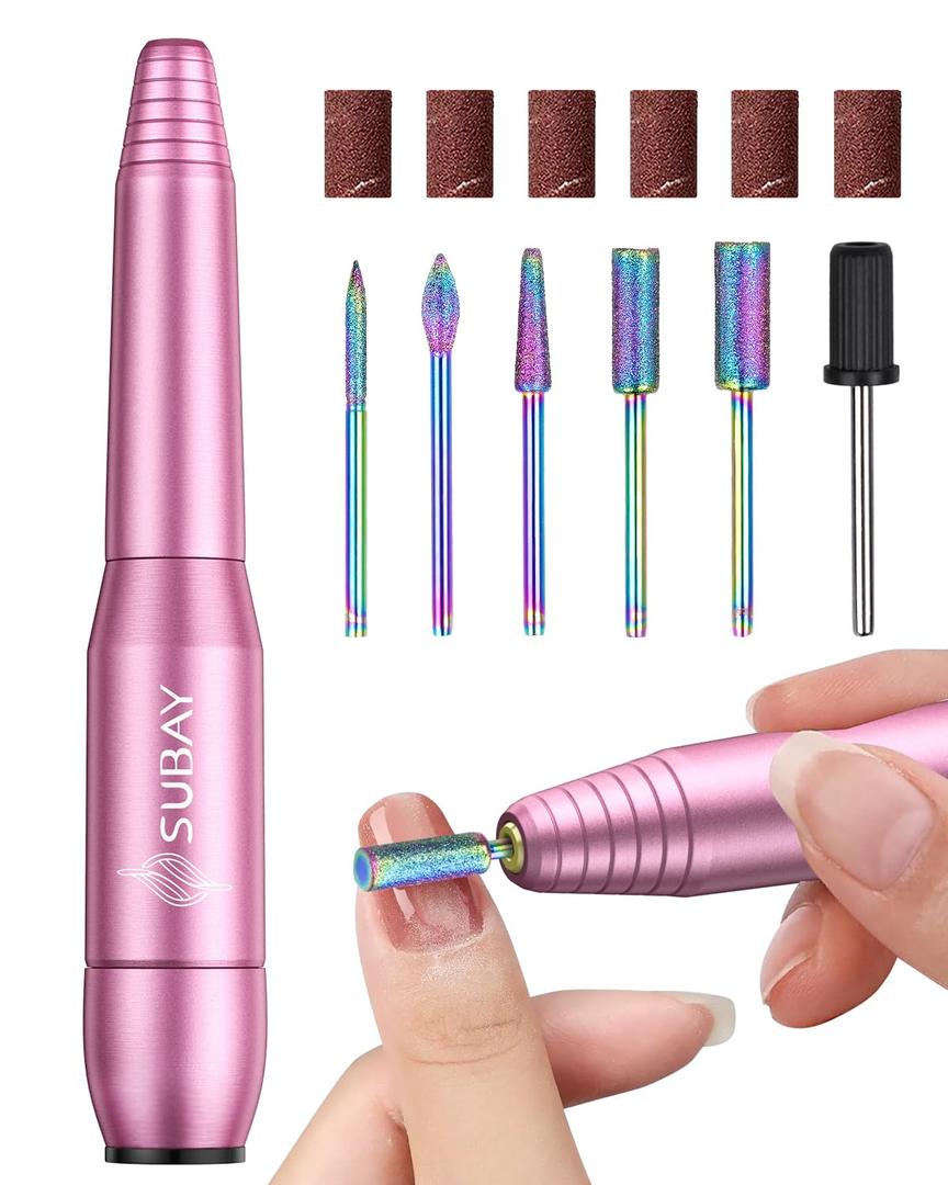 Subay Electric Nail Drill, Portable Electric Nail File for Acrylic Gel Nails, Manicure Pedicure Tool with 6 Bits and 26 Sanding Bands for Home and Salon Use - Pink