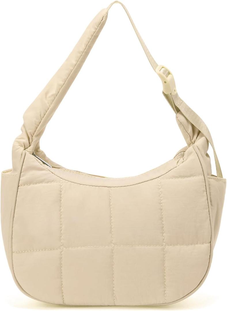 Small Puffer Crescent Underarm Shoulder Bag for Women, Nylon Quilted Purses Handbags with Adjustable Strap, Khaki