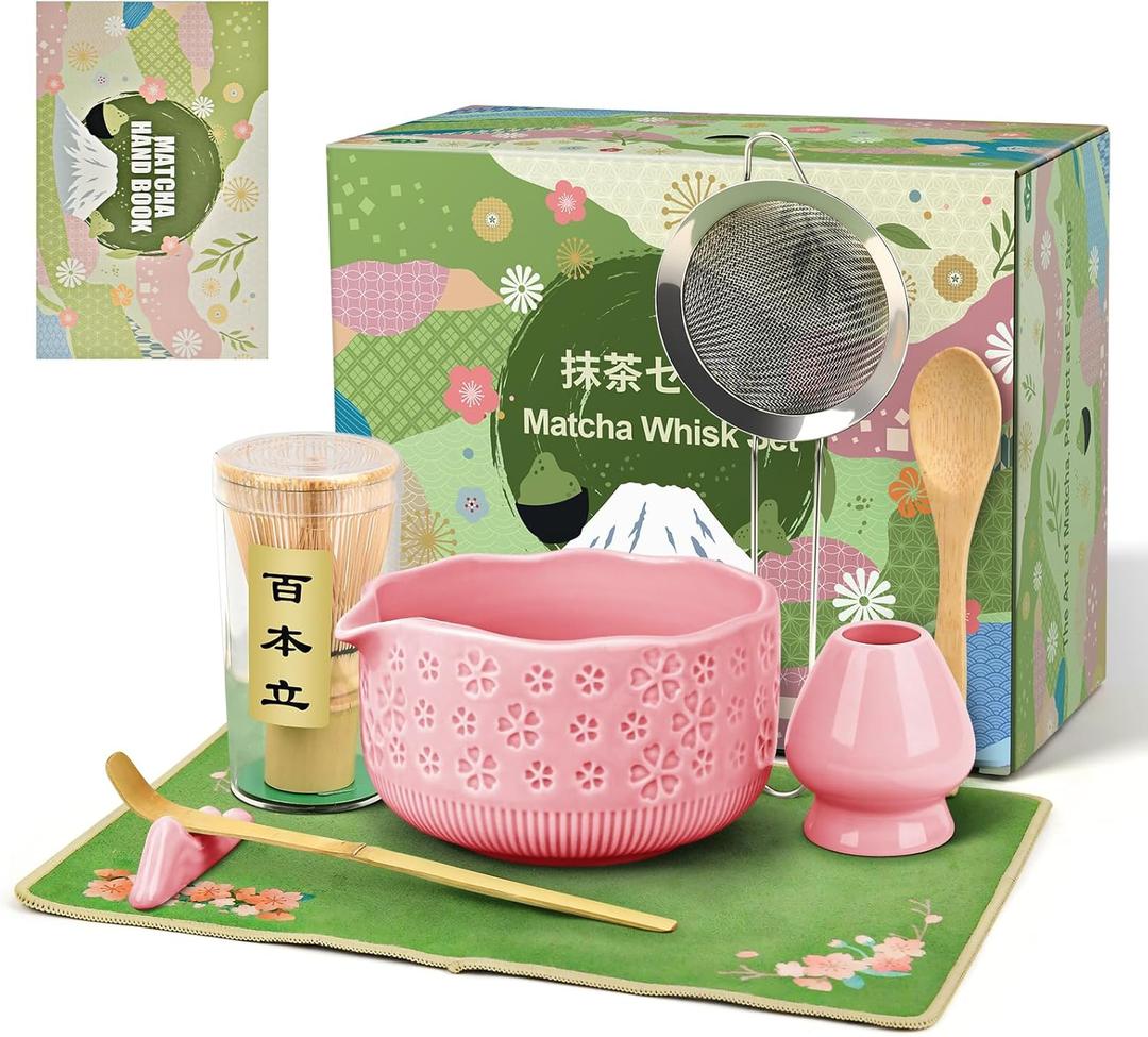 Matcha Whisk Set, 7 Pcs Matcha Making Kit with Matcha Bowl, Matcha Whisk and Holder, Bamboo Scoop, Scoop Rest, Sifter and Tea TowelGifts for Christmas Birthday (Pink)
