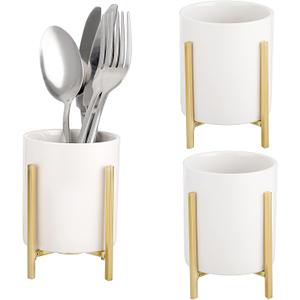 JUXYES Pack of 3 Ceramic Silverware Holder For Party Table, White Cutlery Holder Holder With Golden Metal Bracket, Small Flatware Caddy Organizer Utensil Holder Organizer for Kitchen Dining Tables