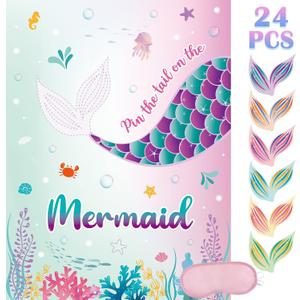 WERNNSAI Pin The Tail on The Mermaid Game - Mermaid Party Decorations Kids Birthday Party Games 21'' x 28'' Poster 24 Pcs Tail Stickers for Kids Girls Birthday Party Favor