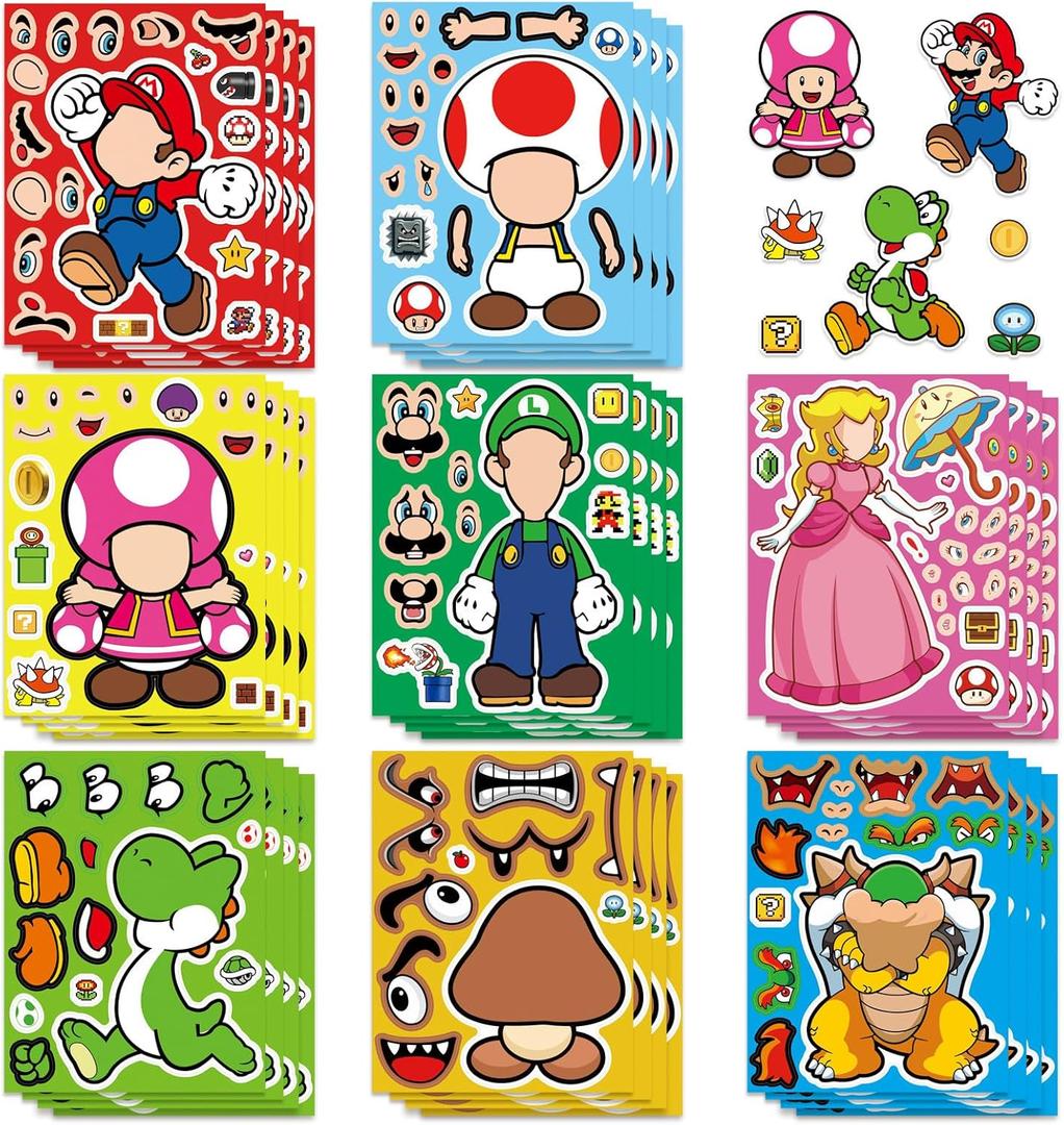 24 Sheets 5.8x4.4 DIY Make a Face Mario Stickers for Teens, Make Your Own Mixed & Matched with 8 Designed Characters(3 of Each) Sticker for Birthday Party Supplies Favors Class Reward (Mario)